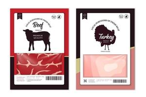 étiquettes de boucherie avec des silhouettes d'animaux de ferme boeuf dinde et viande vecteur