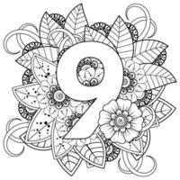 numéro 9 avec ornement décoratif de fleur de mehndi dans la page de livre de coloriage de style oriental ethnique vecteur