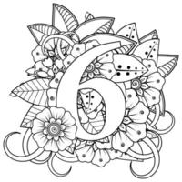 numéro 6 avec ornement décoratif de fleur de mehndi dans la page de livre de coloriage de style oriental ethnique vecteur