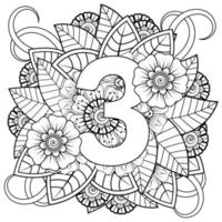 numéro 3 avec ornement décoratif de fleur de mehndi dans la page de livre de coloriage de style oriental ethnique vecteur