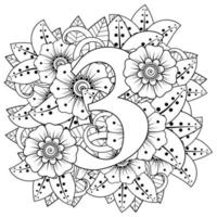 numéro 3 avec ornement décoratif de fleur de mehndi dans la page de livre de coloriage de style oriental ethnique vecteur