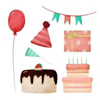 un objet sur le thème de la fête à l'aquarelle, des ballons, des chapeaux de fête, des tireurs, des coffrets cadeaux, des drapeaux suspendus, des gâteaux, des chocolats, des fraises, vecteur
