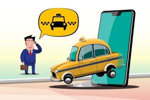 service de taxi d'appel à la main d'homme d'affaires par téléphone intelligent il appelle un taxi à l'aide d'une application mobile vecteur