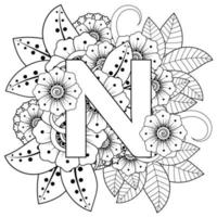 lettre n avec fleur de mehndi. ornement décoratif en oriental ethnique. contour illustration vectorielle de dessin à la main. vecteur