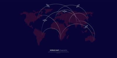 infographie de la carte du monde. connexion au réseau mondial. carte du monde en pointillés demi-teintes. illustration vectorielle carte de silhouette isolée sur fond sombre.