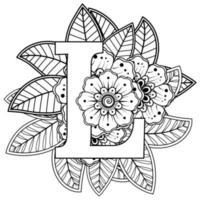 lettre l avec fleur de mehndi. ornement décoratif en oriental ethnique. contour illustration vectorielle de dessin à la main. vecteur