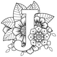 lettre j avec fleur de mehndi. ornement décoratif en oriental ethnique. contour illustration vectorielle de dessin à la main. vecteur