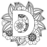 lettre d faite de fleurs dans le style mehndi. page de livre de coloriage. illustration vectorielle de contour à la main. vecteur