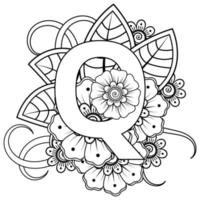 lettre q avec fleur de mehndi. ornement décoratif en oriental ethnique. contour illustration vectorielle de dessin à la main. vecteur