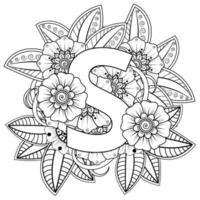 lettre s avec fleur de mehndi. ornement décoratif en oriental ethnique. contour illustration vectorielle de dessin à la main. vecteur