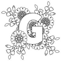 lettre g faite de fleurs dans le style mehndi. page de livre de coloriage. illustration vectorielle de contour à la main. vecteur