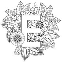 lettre e avec fleur de mehndi. ornement décoratif dans un style oriental ethnique. page de livre de coloriage. vecteur
