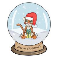 boule de cristal de noël avec paysage d'hiver, tigre et cadeau. illustration vectorielle isolé style de dessin animé fond blanc. vecteur