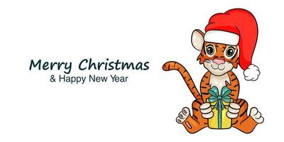 bannière du nouvel an avec l'image du tigre en chapeau de père noël rouge. symbole de l'année selon le calendrier chinois. joyeux Noel et bonne année. style de dessin animé illustration vectorielle vecteur
