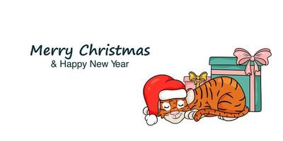 bannière du nouvel an avec l'image du tigre en chapeau de père noël rouge. symbole de l'année selon le calendrier chinois. joyeux Noel et bonne année. style de dessin animé illustration vectorielle vecteur