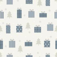 motif vectoriel de fond de Noël sans couture avec boîte-cadeau et arbre de Noël dessinés à la main dans un style cartoon utilisé pour l'impression d'illustration, papier peint, tissu, textile, mode