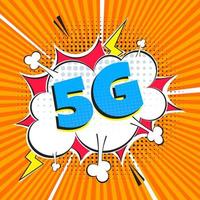 5g nouvelle connexion wifi internet sans fil style bande dessinée bulle d'exclamation texte 5g plat style design illustration vectorielle isolée sur fond de rayons. nouvelle icône de signe internet mobile 5g dans le ballon. vecteur