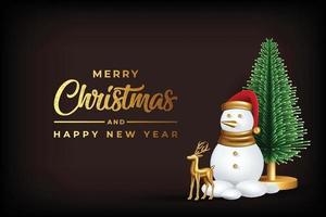 belle conception de joyeux noël et bonne année avec arbre de noël réaliste, bonhomme de neige, renne doré vecteur