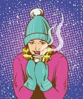 belle fille au chapeau chaud et gants tenant une boisson chaude. concept d'échauffement d'hiver dans un style pop art comique rétro. vecteur
