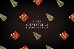 bannière joyeux noël et bonne année avec pin réaliste et boîte cadeau rouge vecteur