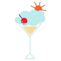 logo coloré avec un verre rempli pour un cocktail aux cerises sur fond de nuage et de soleil. vecteur
