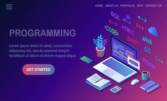 développement de logiciels, langage de programmation, codage. Ordinateur portable isométrique 3D, ordinateur avec application numérique isolé sur fond blanc. conception de vecteur