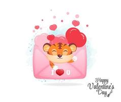 jolie enveloppe avec un tigre à l'intérieur. personnage de dessin animé mignon élément saint valentin vecteur