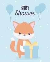 baby shower mignon petit renard avec boîte-cadeau et carte de ballons vecteur