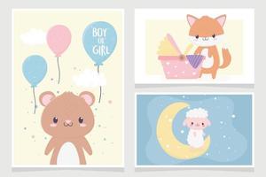 baby shower mignon petit ours renard mouton ballons lune cartes vecteur