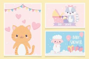 baby shower mignons petits animaux amour coeurs landau cadeaux nuages jeu de cartes vecteur