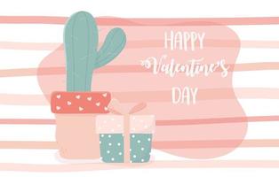 happy valentines day cactus en pot et fond de rayures cadeau vecteur