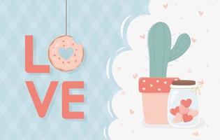 happy valentines day lettering love donut pot de cactus avec des coeurs vecteur