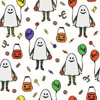 modèle sans couture. les enfants en costume de fantôme vont chercher des bonbons. Joyeux Halloween. citrouilles, fantômes, pot, bonbons, biscuits. illustration vectorielle. vecteur