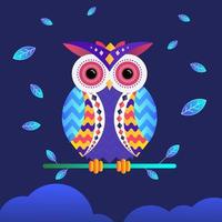 beau hibou sur une branche avec fond de ciel illustration vectorielle stylisée colorée de hibou vecteur