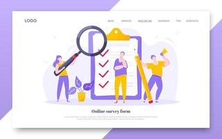 formulaire de sondage en ligne concept d'entreprise avec des personnes minuscules avec mégaphone, crayon à proximité presse-papiers géant liste de contrôle complète vecteur