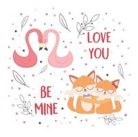 bonne saint valentin mignons flamants roses et renards couple amour romantique vecteur