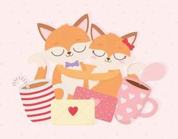 joyeux saint valentin couple embrassé renards message tasses à café vecteur