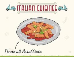 penne toutes les pâtes italiennes arrabbiata avec sauce tomate épicée. illustration vectorielle isolée colorée minimale. vecteur