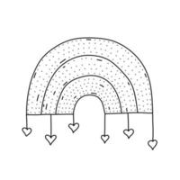 arc-en-ciel dessiné à la main avec l'icône de coeurs dans le style doodle. arc-en-ciel de dessin animé avec icône de vecteur de coeurs pour la conception web isolée sur fond blanc.