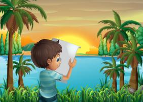Un garçon avec un papier au bord de la rivière vecteur