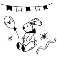 vecteur doodle anniversaire ensemble d'éléments. illustration de fête dessinée à la main avec lapin, ballon, drapeaux de fête, guirlande.