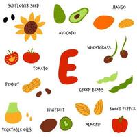 collection de fruits et légumes dessinés à la main riches en vitamine e. style plat de dessin animé de vecteur