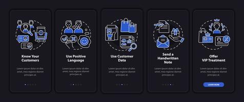 conseils d'assistance client écran d'application mobile d'intégration en mode nuit. pas à pas en 5 étapes pages d'instructions graphiques avec des concepts linéaires. ui, ux, modèle d'interface graphique. myriade de polices pro-gras régulières utilisées vecteur