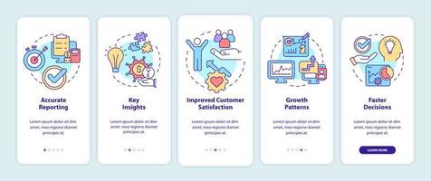 avantages des outils commerciaux sur l'écran de l'application mobile d'intégration. aperçus clés de la procédure pas à pas en 5 étapes pages d'instructions graphiques avec des concepts linéaires. ui, ux, modèle d'interface graphique. myriade de polices pro-gras régulières utilisées vecteur