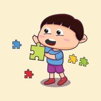 illustration de sensibilisation à l'autisme, enfant mignon jouant au puzzle avec un sourire heureux vecteur