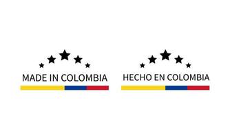 made in colombia étiquettes en anglais et en espagnol. icône de vecteur de marque de qualité. parfait pour la conception de logo, les étiquettes, les badges, les autocollants, l'emblème, l'emballage du produit