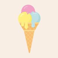 glace colorée. cône de glace de dessin animé dans un style plat. concept d'été, desserts, enfants. glace italienne. illustration vectorielle. vecteur