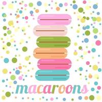 macarons colorés dans un style plat sur fond de confettis. concept de desserts et pour la fête d'anniversaire. illustration vectorielle. modèle de conception pour boulangeries, cafés et restaurants. vecteur