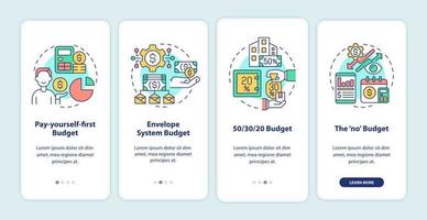 approches budgétaires sur l'écran de l'application mobile d'intégration. types de planification financière pas à pas 4 étapes pages d'instructions graphiques avec des concepts linéaires. ui, ux, modèle d'interface graphique. myriade de polices pro-gras régulières utilisées vecteur