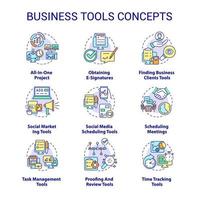 ensemble d'icônes de concept d'outils commerciaux. logiciel pour les illustrations en couleur de ligne mince d'idée de petite entreprise. gestion des tâches. dessins de contour isolés. trait modifiable. roboto-medium, myriade de polices pro-gras utilisées vecteur